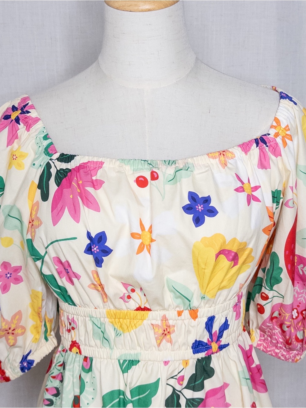 Sincerely Ours Puff Sleeve Resort Mini Dress Tropical Peacock Floral Large - Picture 5 of 15